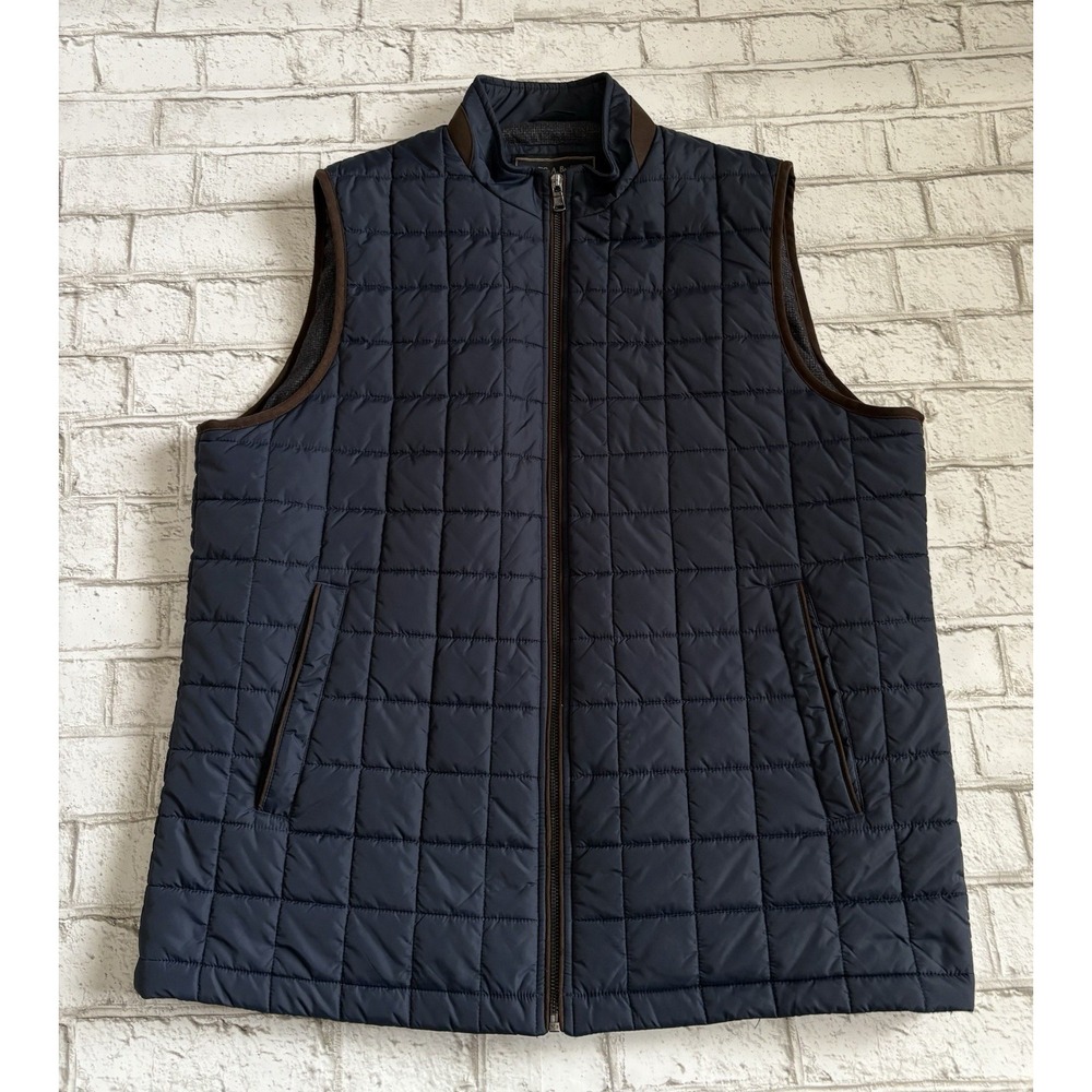 JOS A Bank Reserve Full Zip Quilted Vest Men's Size Large Navy Brown Leather